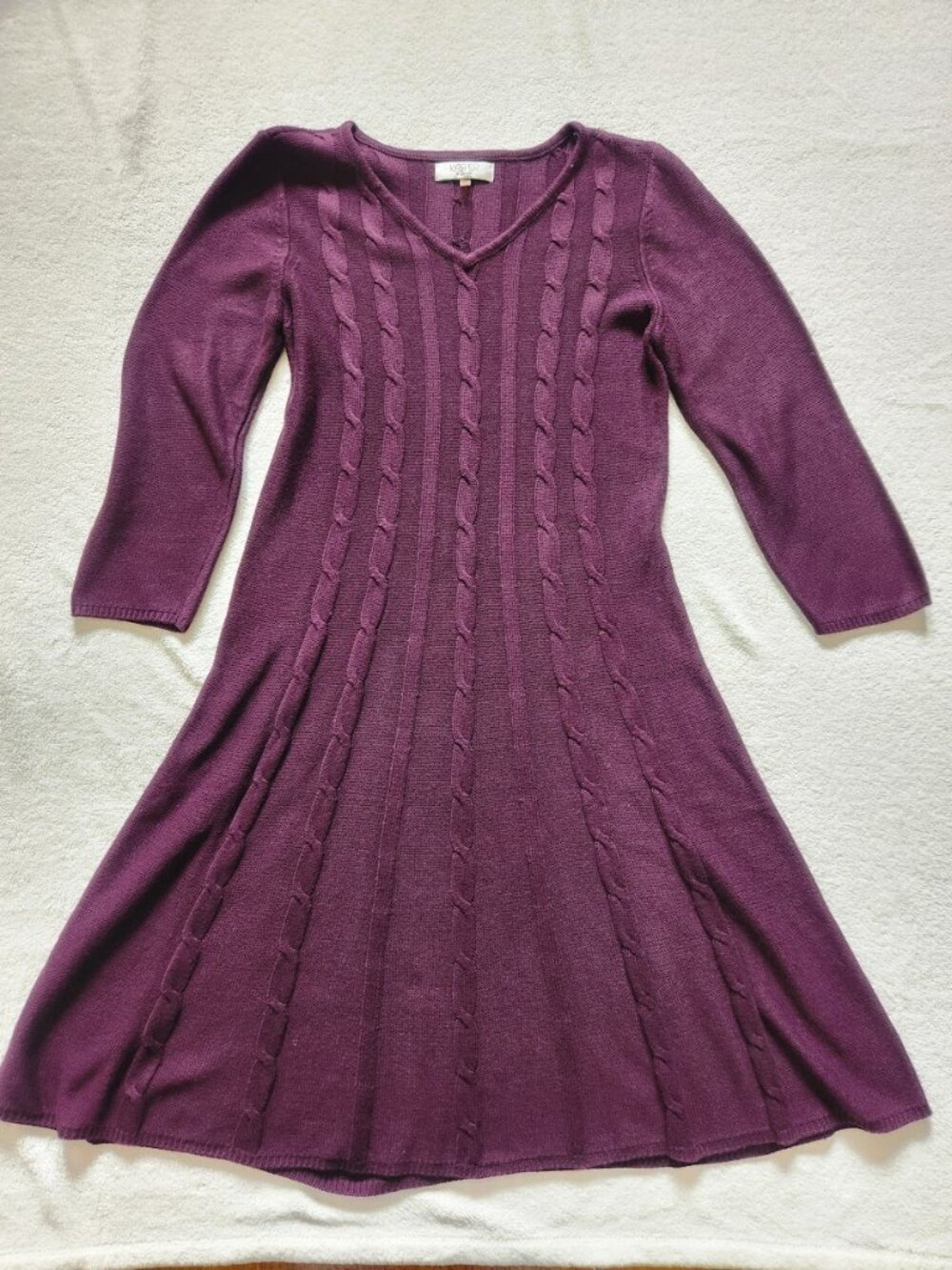 Kasper Purple Cable Knit Sweater Dress XL 3/4 sleeve midi v neck